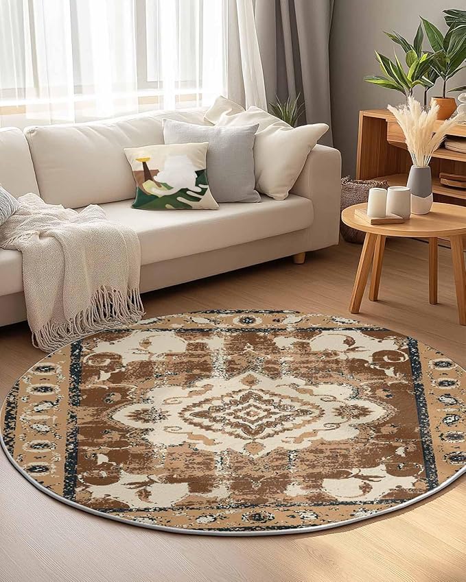 Round Area Rug,Retro Brown Pattern Ethnic Style Circle Living Room Rug Non-Slip Rugs Indoor Carpet,Abstract Flower Tribal Art Soft Comfort Rugs for Bedroom KidsRoom Nursery
