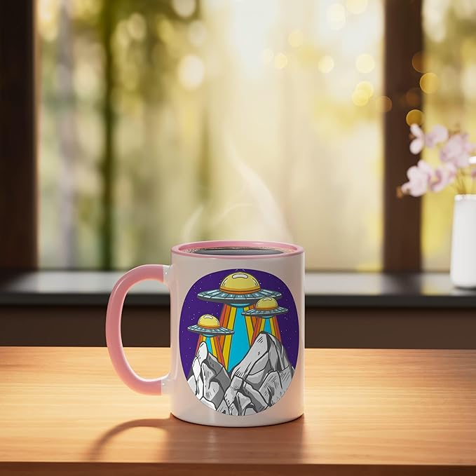 UFO Mountains Retro Spaceship Alien ET Space Galaxy Gift Ceramic Mug, Pink/White