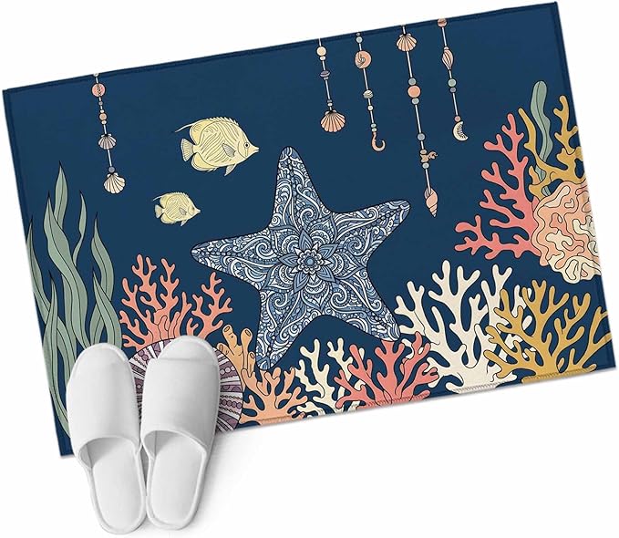 Area Rug 2x3ft, Ocean Starfish Coral Fish Washable Rugs for Living Room Bedroom, Underwater Creature on Navy Blue Soft Non-Slip Area Rugs Rectangle Floor Carpet for Dining Room