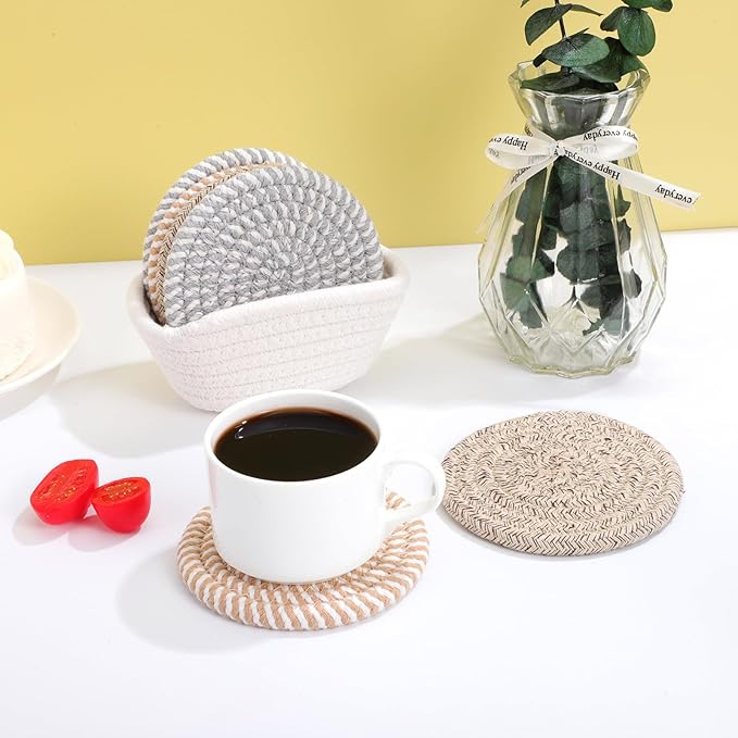 UKCOCO Bohemian Style Cotton Rope Woven Cup Coasters Set 6pcs 11cm Absorbent Decorative Drink Mats with Storage Basket for Table Bar Use Random Color