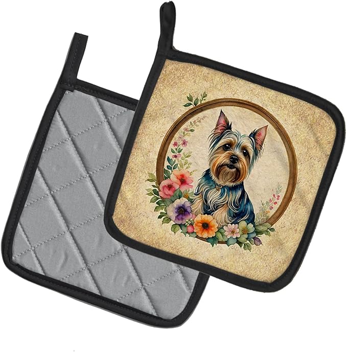Caroline's Treasures Silky Terrier and Flowers Pair of Pot Holders Kitchen Heat Resistant Pot Holders Sets Oven Hot Pads for Cooking Baking BBQ, 7 1/2 x 7 1/2