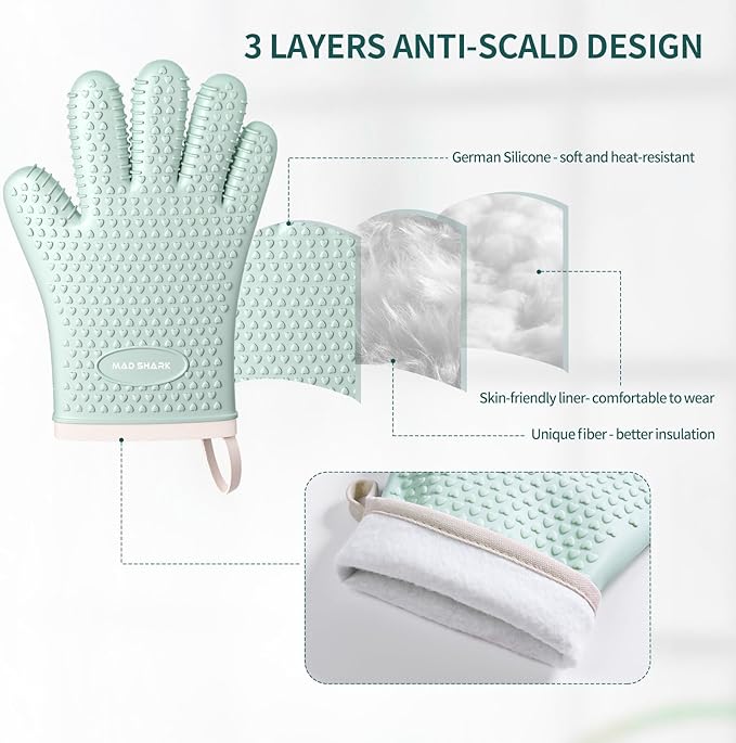 MAD SHARK Silicone Oven Mitts Heat Resistant 450°F,Waterproof & Non-Slip Oven Gloves with Fingers,Cotton Lined Silicone Oven Gloves Kitchen Mitts for Baking Cooking Barbecue,Women (Green)