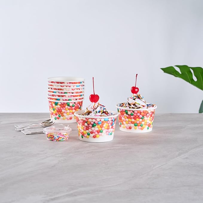 Coppetta 8 Ounce Dessert Cups, 200 Greaseproof Ice Cream Cups - Lids Sold Separately, For Hot And Cold Foods, White Paper Yogurt Bowls, Round Sprinkle Design, Disposable, Sturdy - Restaurantware