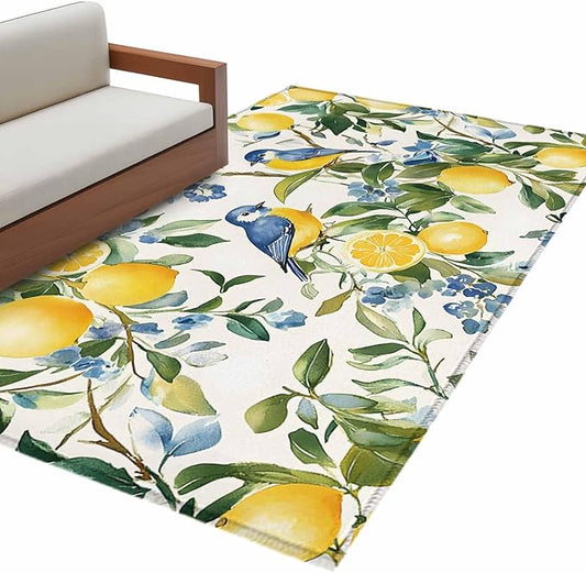Area Rug 3x5ft, Pastoral Vintage Lemon Blue Bird Washable Rugs for Living Room Bedroom, Retro Yellow Fruit Flowers Soft Non-Slip Area Rugs Rectangle Floor Carpet for Dining Room