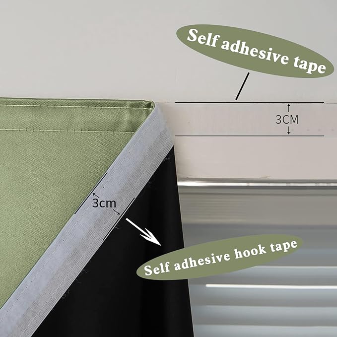AJAZZ 100% Window Blinds Blackout Portable Blackout Curtains Adhesive Curtains for Living Room No Drilling (Sage Green, 47" W x 72" L) 1 Panel