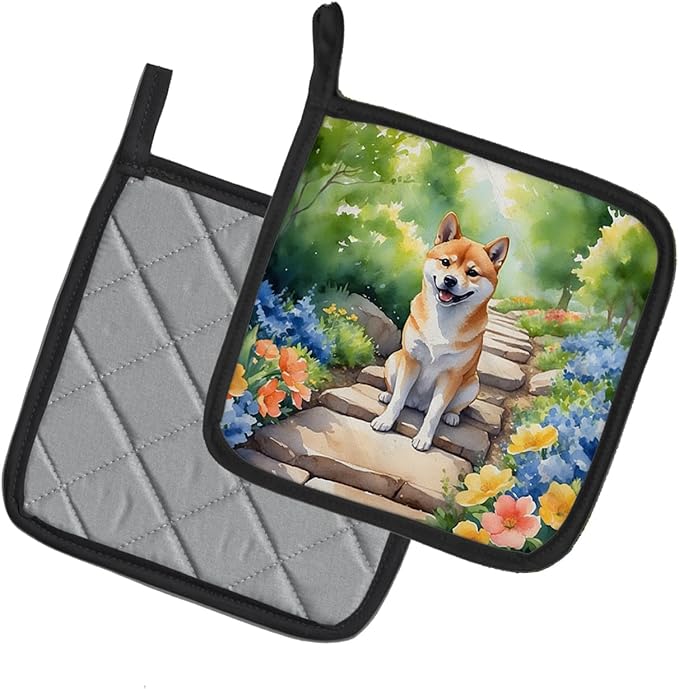 Caroline's Treasures Shiba Inu Spring Path Pair of Pot Holders Kitchen Heat Resistant Pot Holders Sets Oven Hot Pads for Cooking Baking BBQ, 7 1/2 x 7 1/2