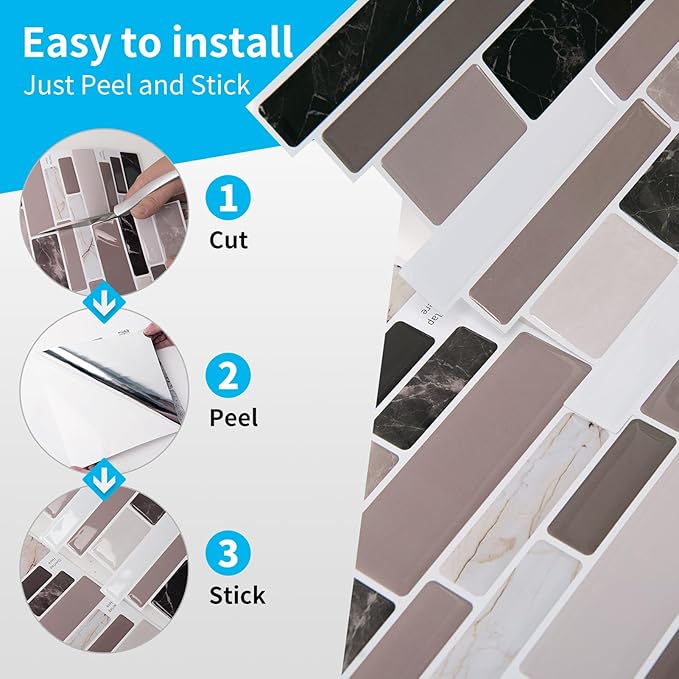 Art3d Peel and Stick Backsplash Tiles for Kitchen, 10-Sheet Self Adhesive Removable Stick On Vinyl Wall Tiles, 12" x 12",Brown Marble