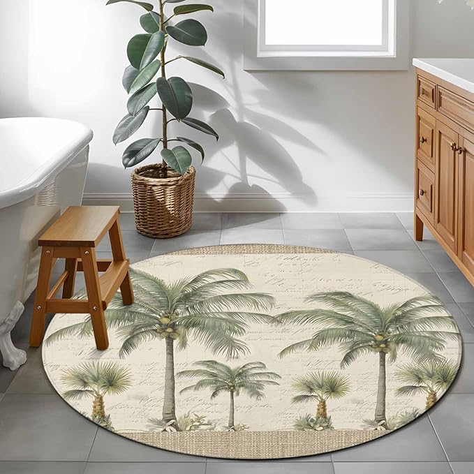Washable Round Area Rug Coastal Tropical Olive Green Palm Trees Circle Rugs Floor Carpet for Living Room Bedroom, Classic Retro Linen Soft Non Slip Round Rug 3ft