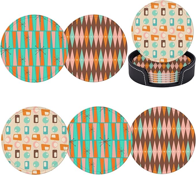 Mid Century Modern Leather Drinks Coasters with Holder, Set of 6, Suitable for Various Cups