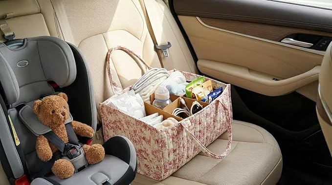 Quilted Fabric Storage Basket Floral Baby Diaper Caddy Quilted Basket Organizer for Newborn Nursery Bedroom Car Storage