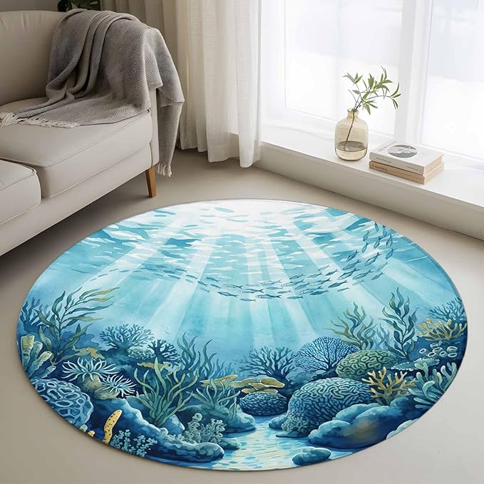 Washable Round Area Rug Underwater World Coral Seaweed Circle Rugs Floor Carpet for Living Room Bedroom, Seafloor Ocean Life Fish Soft Non Slip Round Rug 3ft