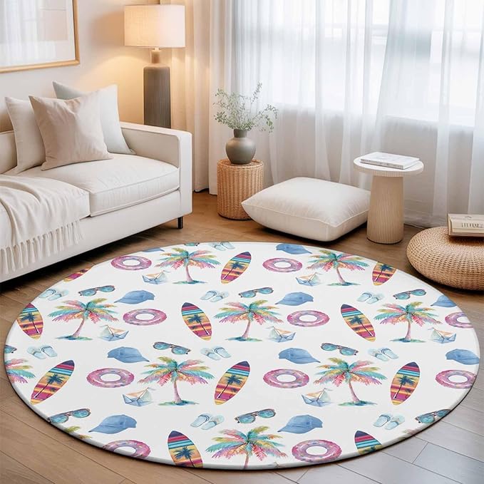 Washable Round Area Rug Summer Surfboard Coconut Tree Circle Rugs Floor Carpet for Living Room Bedroom, Tropical Seamless Pattern Soft Non Slip Round Rug 3ft