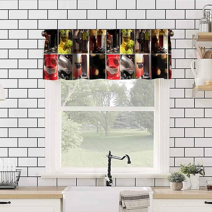Red Wine Kitchen Valance, Modern Wine Bottle Glass Grape Print Short Window Drapes for Kitchen Dining Resturant Party Bedroom Living Room, 54x18Inch