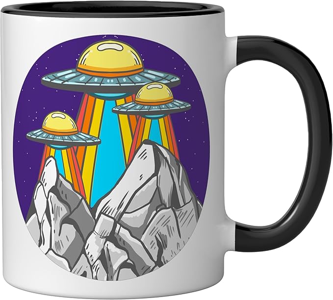 UFO Mountains Retro Spaceship Alien ET Space Galaxy Gift Ceramic Mug, Black/White