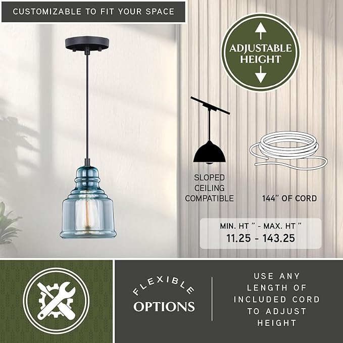 VAXCEL Millie Jar Mini Pendant for Kitchen Island, Farmhouse Ceiling Lighting, Oil Rubbed Bronze Finish, Smoke Blue Glass