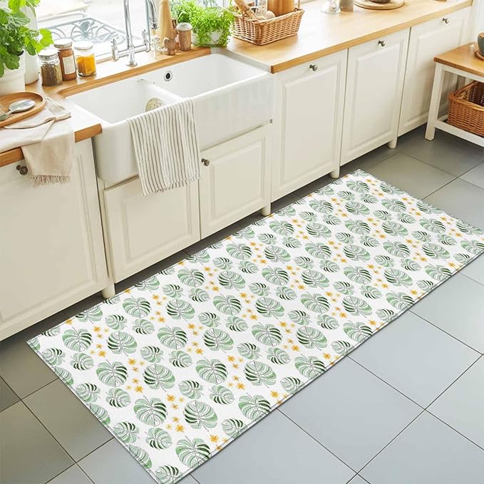 Runner Rug for Bedroom Hallway, Summer Palm Leaves Pattern Kitchen Runner Rugs Area Rug 2x6ft, Scattered Starburst Flowers Washable Soft Floor Carpet for Entryway Stair