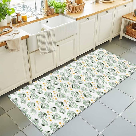 Runner Rug for Bedroom Hallway, Summer Palm Leaves Pattern Kitchen Runner Rugs Area Rug 2x6ft, Scattered Starburst Flowers Washable Soft Floor Carpet for Entryway Stair