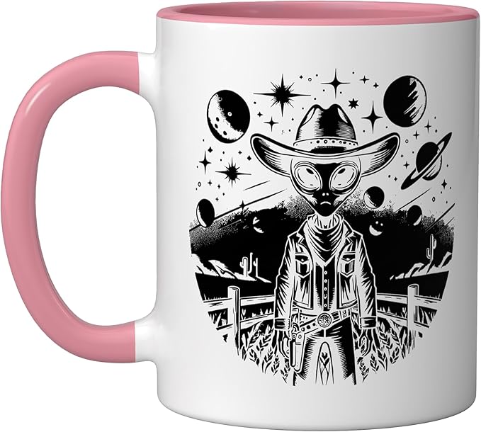 Alien Lover Flying Saucer UFO Extraterrestrial Cowboy Ceramic Mug, Pink/White