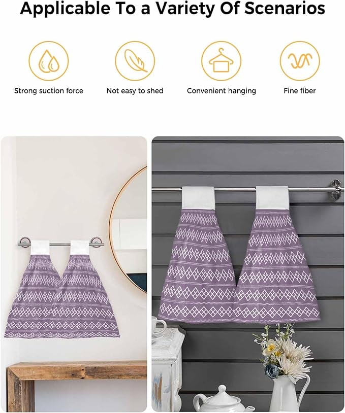 Alandar Home Kitchen Tie Towel Set of 1, Geometric White Purple Square Dot Absorbent Soft Hand Towels for Bathroom Hanging Towels, Modern Abstract Check Texture Fast Drying Cleaning Cloth with Loop