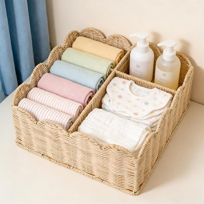 Rattan Divided Scalloped Basket,Wicker Diaper Caddy Scalloped Baske,Woven Natural Basket with 4 Dividers,Suitable for Baby Rooms, Bathrooms, Bedrooms (Rattan)