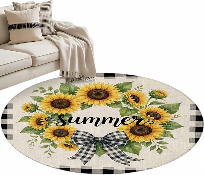 Washable Round Area Rug Summer Words Farm Sunflowers Circle Rugs Floor Carpet for Living Room Bedroom, Butterflies Country Floral Soft Non Slip Round Rug 4ft