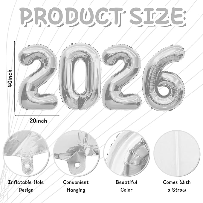 2026 Silver Foil Numbers Balloons(40 Inch) Happy New Years Eve Party Supplies 2026 New Year Graduation Balloons Decorations 20 26 Signs Props Birthday Anniversary Wedding Festival Ornament Decor