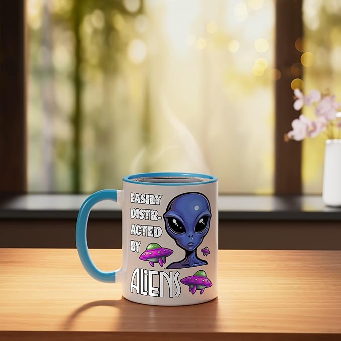 Easily Distracted By Aliens Funny Sci Fi Apparel Design Ceramic Mug, Blue/White