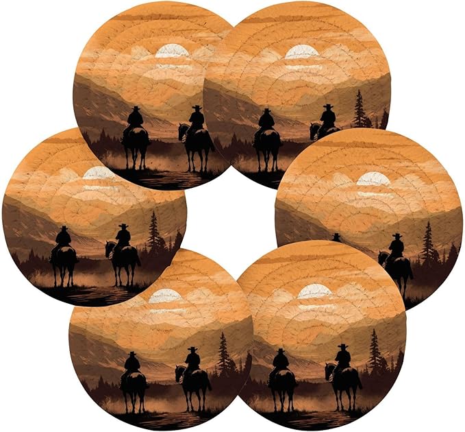 YETTASBIN Western Cowboy 6 Pcs Drink Coasters with Holder, Cotton Woven Absorbent Heat-Resistant Round Coaster Non-Slip Table Mat for Kitchen Bar Home Decor Housewarming Gift, 3.9 in