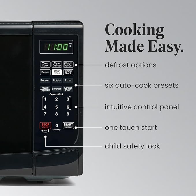 Farberware 0.7 Cu. Ft. Countertop Microwave Oven – 700 Watts Power, Auto Cook Settings, Defrost, Easy Clean and Child Safety Lock - Black