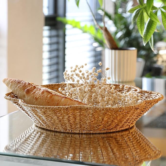 Wicker Round Basket, Scalloped Serving Wicker Basket, Household Food Display Tray Shell-Curved Scalloped Woven Tray, Seagrass Rattan Tray for Coffee Table Organizing
