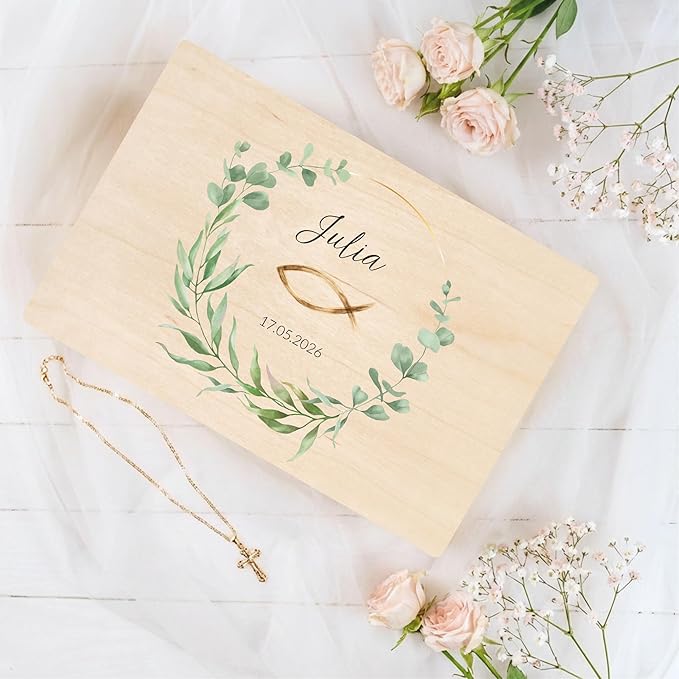 Creative Deco Personalised First Holy Communion/Confirmation Gift for Girls or Boys - Wreath | Custom Boxes | Customised Wooden Storage Box with Hinged Lid | Keepsake/Decoration