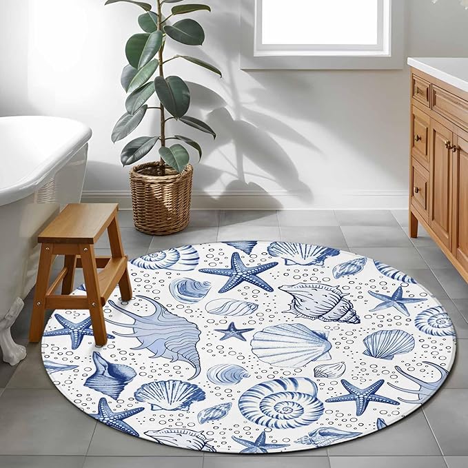 Washable Round Area Rug Navy Blue Starfish Conch Shell Seamless Circle Rugs Floor Carpet for Living Room Bedroom, Summer Ocean Bubbles Soft Non Slip Round Rug 3ft