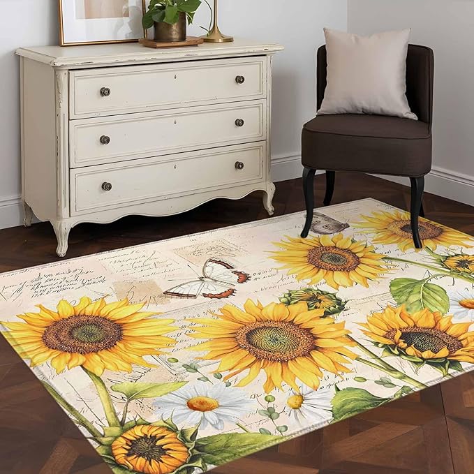 Sunflower Farmhouse 2.7x5 Area Rugs, Retro Floral Butterflies Non-Skid Rubber Backing Large Rectangle Rugs - Living Room Bedroom Home Office, Spring Summer Indoor Floor Mat Carpets Washable Rug