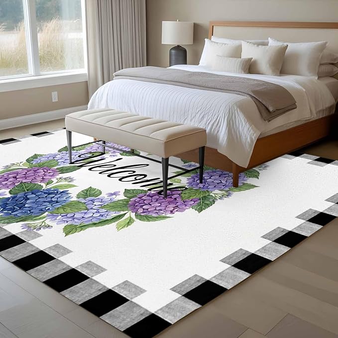 Area Rug 6x9ft, Summer Hydrangea Leaf Washable Rugs for Living Room Bedroom, Purple Blue Flower Buffalo Check Soft Non-Slip Area Rugs Rectangle Floor Carpet for Dining Room