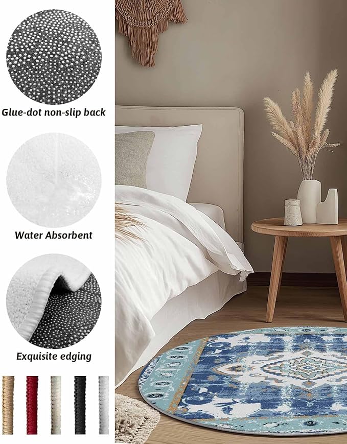 Round Area Rug,Abstract Flower Ethnic Tribal Style Circle Living Room Rug Non-Slip Rugs Indoor Carpet,Retro Blue Floral Soft Comfort Rugs for Bedroom KidsRoom Nursery