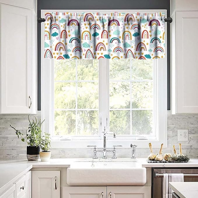 Boho Rainbow Valance, Cartoon Clouds Stars Love Hearts Rod Pocket Window Treatment for Kids Boys Girls Bedroom Living Room Kitchen Home Decor, 54x18Inch