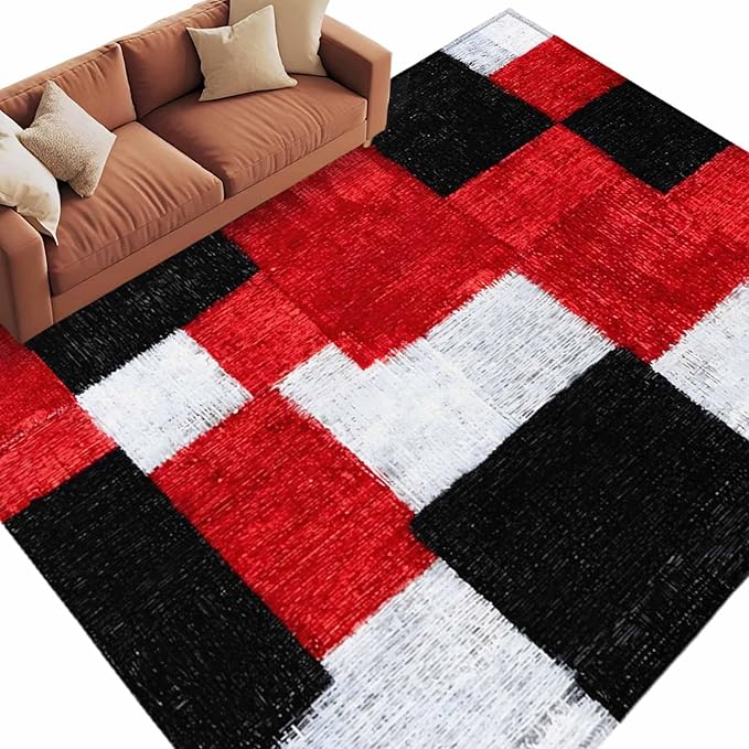 Area Rug 9x12ft, Red Black White Gradient Washable Rugs for Living Room Bedroom Rectangle Floor Carpet, Abstract Color Block Soft Non-Slip Area Rugs for Dining Room