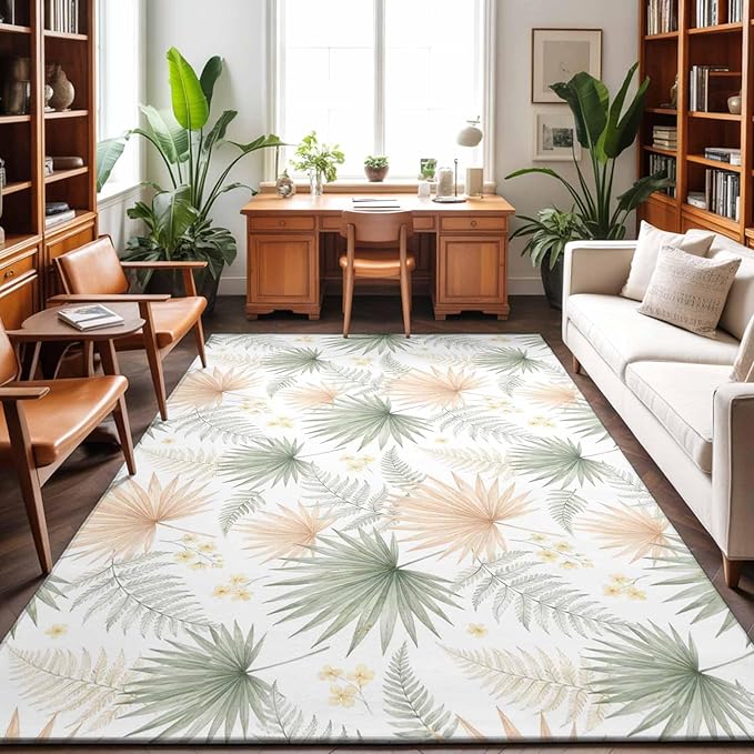 Area Rug 3x5ft, Boho Tropical Palm Washable Rugs for Living Room Bedroom, Watercolor Seamless Background Soft Non-Slip Area Rugs Rectangle Floor Carpet for Dining Room
