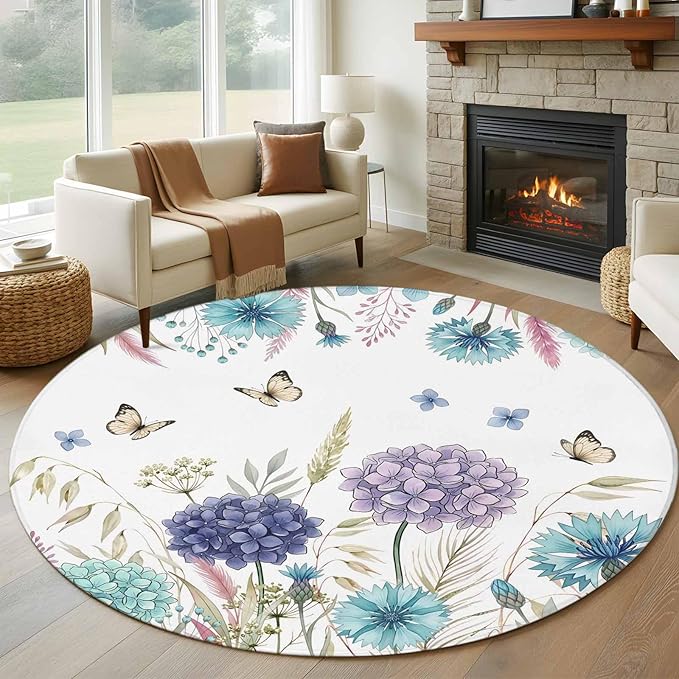 Washable Round Area Rug Spring Flower Thistle Hydrangea Circle Rugs Floor Carpet for Living Room Bedroom, Wild Garden Floral Butterfly Soft Non Slip Round Rug 5ft