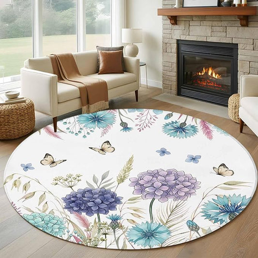 Washable Round Area Rug Spring Flower Thistle Hydrangea Circle Rugs Floor Carpet for Living Room Bedroom, Wild Garden Floral Butterfly Soft Non Slip Round Rug 5ft