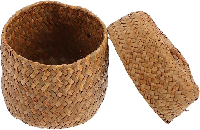 Cabilock 2pcs Handmade Woven Storage Basket Mini Seagrass Flower Packing Box for Sundries Home Decor and Gifting Attractive Natural Design for Organizing and Displaying