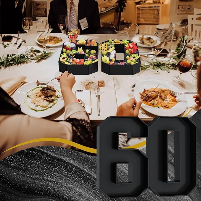 60 Cardboard Numbers for Charcuterie Numbers Fillable 13.8'' Black Paper Mache Number Shaped Cupcake Pans Board Box Trays Container for Food Candy 60th Birthday Party Decorations Anniversary