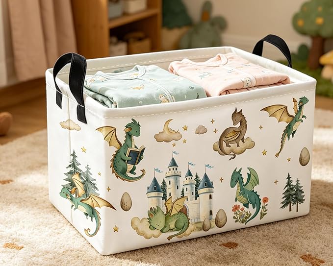 Essme Rectangular Kids Baskets,Dinosaur Storage Box,Cute Basket for Kids with Handles for Room Decor, Book Bins,Shelf Basket.（Castle Dinosaurs