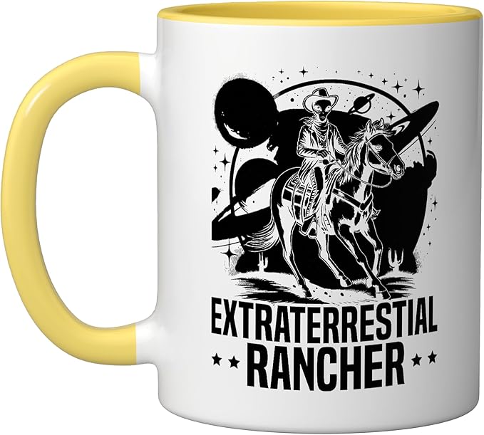 Alien Lover Flying Saucer UFO Extraterrestrial Cowboy Ceramic Mug, Yellow/White