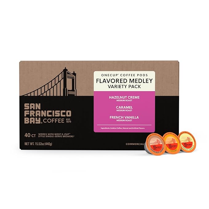 San Francisco Bay K-Cup Coffee Pods Flavored Variety Pack (40 ct), Includes Hazelnut Crème, Caramel, & French Vanilla, Commercially Compostable Single-Serve Flavored Coffee Pods