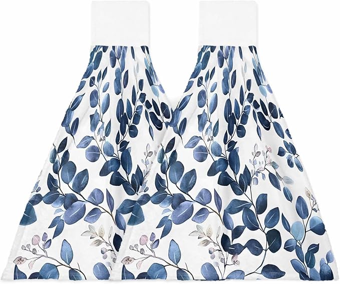 Alandar Home Kitchen Tie Towel Set of 2, Pastoral Eucalyptus Leaves Absorbent Soft Hand Towels for Bathroom Hanging Towels, Navy Blue Botanical On White Fast Drying Cleaning Cloth with Loop