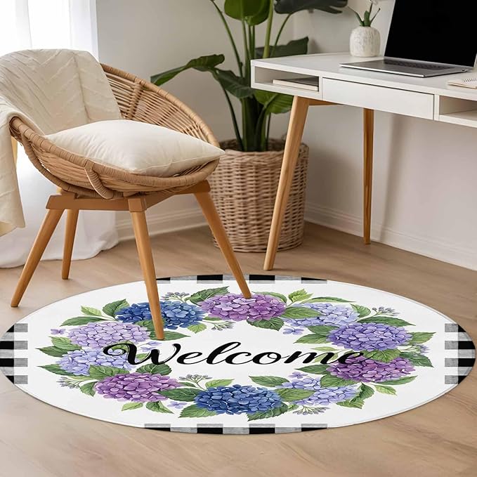 Washable Round Area Rug Summer Hydrangea Leaf Circle Rugs Floor Carpet for Living Room Bedroom, Purple Blue Flower Buffalo Check Soft Non Slip Round Rug 4ft