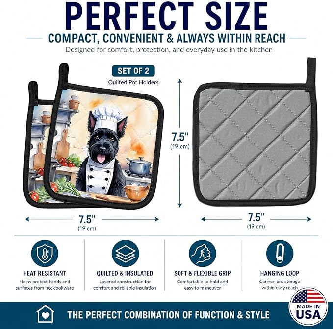 Caroline's Treasures Scottish Terrier The Chef Pair of Pot Holders Kitchen Heat Resistant Pot Holders Sets Oven Hot Pads for Cooking Baking BBQ, 7 1/2 x 7 1/2