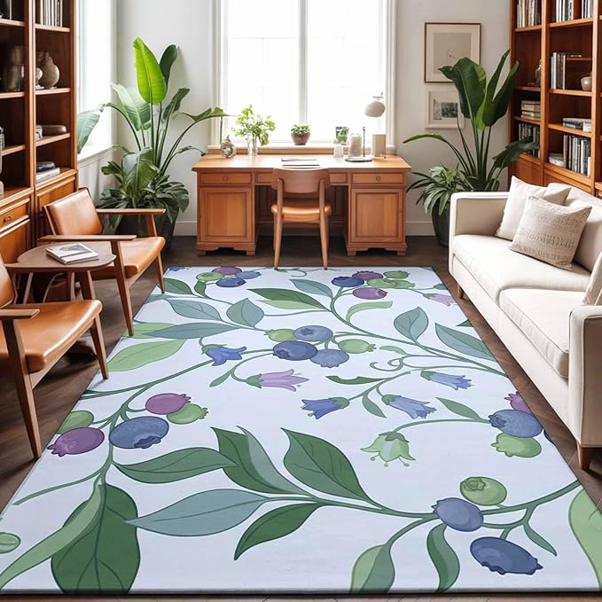 Area Rug 8x10ft, Blueberries Bell Flowers Washable Rugs for Living Room Bedroom, Modern Watercolor Plants Soft Non-Slip Area Rugs Rectangle Floor Carpet for Dining Room