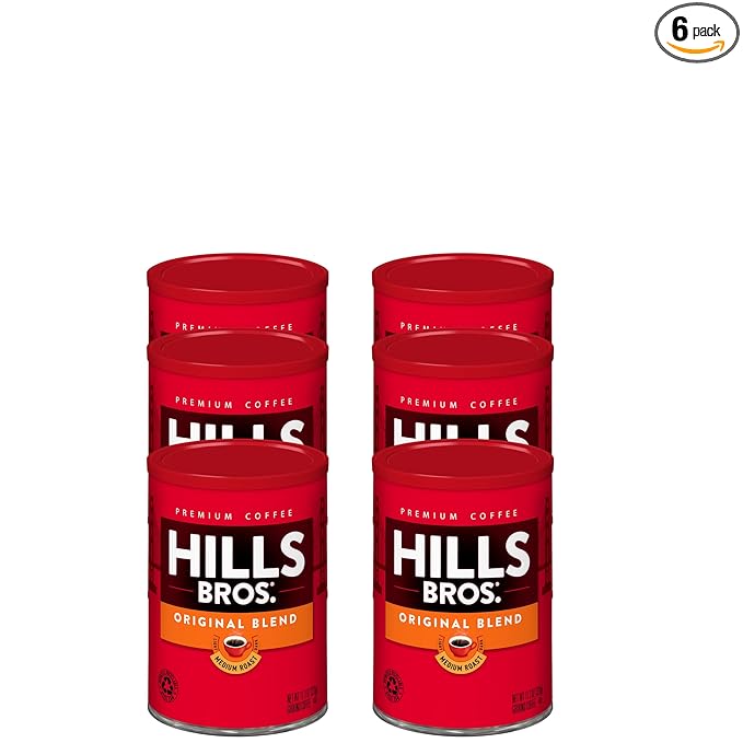 Hills Bros. Original Blend Ground Coffee – Premium Arabica Coffee Beans – Medium Roast, Rich Flavor Cup After Cup – Recyclable Steel Can for Freshness – Certified Kosher – 11.3oz Can, Pack of 6